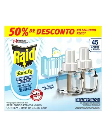 REPELENTE RAID ELET FAMILY 45 NOITES REFIL 32,9ML C/2 OFERTA