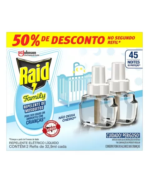 REPELENTE RAID ELET FAMILY 45 NOITES REFIL 32,9ML C/2 OFERTA